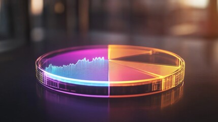 Poster - A glowing D pie chart with transparent sections, hovering in a digital space, with each segment representing different financial data points and percentages.