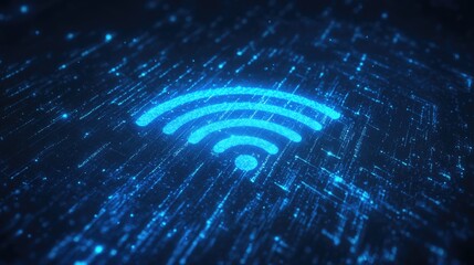 Poster - A glowing blue Wi-Fi symbol against a clean white background, with radiating signal waves illustrating strong connectivity, perfect for technology and communication themes.