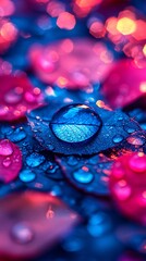 Aufkleber - Dewdrop on blue leaf, pink petals, bokeh background; nature wallpaper