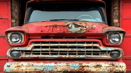 Sticker - Rusty red vintage truck, garage backdrop, decay, restoration