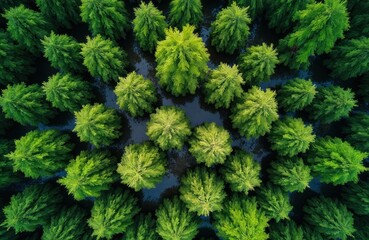 Aerial top view of dense green spruce trees. Drone shot of forest trees capturing CO2. Green pattern background for carbon neutrality, net zero emissions, sustainable environment concept. Spring