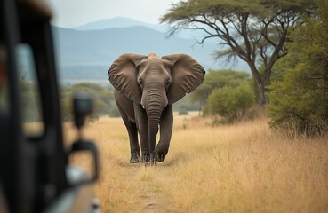 Elephant walks on savanna road approaching in wildlife safari adventure. Holiday maker on journey observes nature. Eco travel in Africa. Animal themes for conservation concerns.