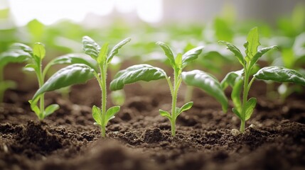 Wall Mural - Seedlings sprouting in rich soil, sunlight, farm