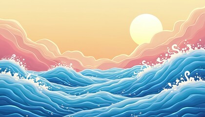 Poster - Vibrant illustration ocean waves with sun, sky. Curvy lines, fluid swirls create dynamic motion. Happy blue, pink, yellow pastel colors for summer vacation background with copy space. Perfect for