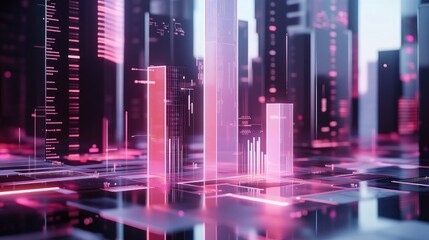 Poster - A transparent D bar chart floating in a digital space, with bars of different heights representing financial performance, surrounded by data points and futuristic icons.