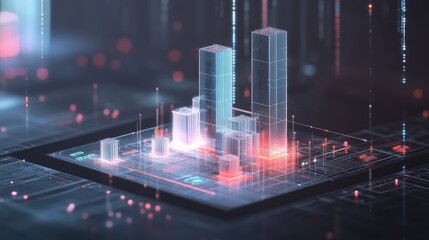 Poster - A transparent D bar chart floating in a digital space, with bars of different heights representing financial performance, surrounded by data points and futuristic icons.