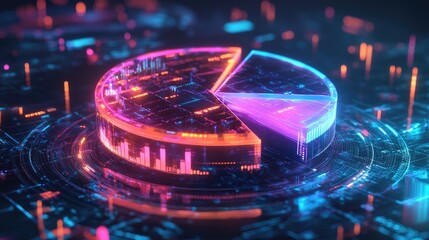 Poster - A transparent D pie chart with floating segments, displayed against a dark, futuristic backdrop, with glowing percentages next to each slice for clarity.