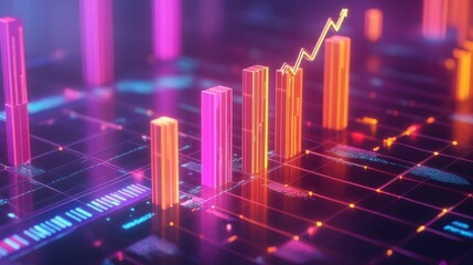 Fototapete - A vibrant D bar graph with bars of varying heights showing financial performance trends, set on a digital grid with a rising arrow, symbolizing profit and growth.