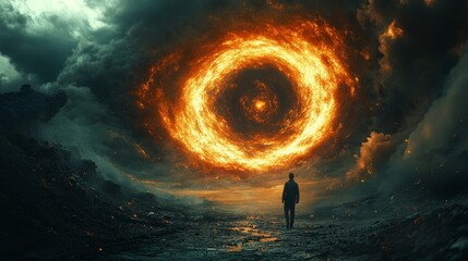 Wall Mural - A man stands in front of a large, fiery circle