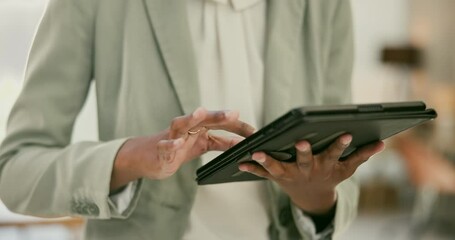Poster - Business woman, hands and tablet in research, communication or online networking for schedule planning at office. Closeup of person or employee working on technology or social media at workplace