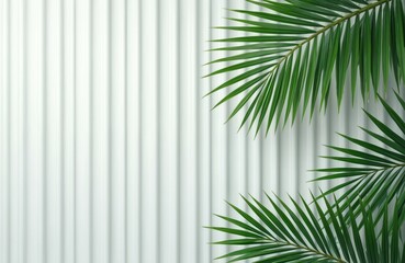Aufkleber - Illustration featuring white ribbed background with green palm leaves. Fashion sale banner with stylish design blank space. Tropical summer layout, decorative art deco with minimal style for product