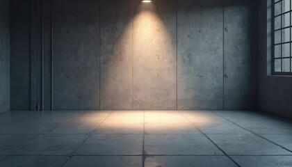 Poster - Empty dark studio with concrete walls, floor. Spotlight illuminates stage. Industrial loft interior with window and copy space. Place for product presentation, exhibition, fashion show or photography.