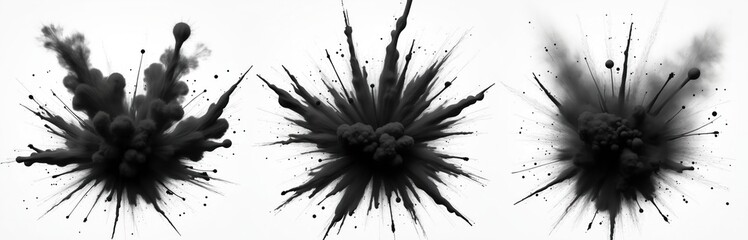 Aufkleber - Set of three black ink explosions on white. Stock png design element. Abstract artistic splashes, drops with grunge dirty concept. Swirl smoke pigment gas chemical fume stroke spot dynamic glow