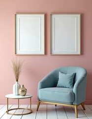 Aufkleber - Two white rectangular picture frames on pink wall above light blue armchair with pillow. Gold decor coffee table next to vase with spikelets. Modern minimal interior layout design.