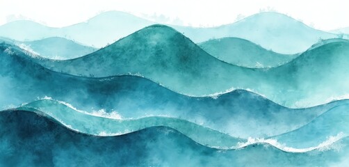 Aufkleber - Abstract watercolor ocean wave illustration. Teal, blue, white colors, wavy surface texture. Great web banner graphic resource as marine backdrop, copy space for text. Sea art wallpaper design.