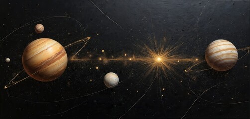 Poster - Oil painting of abstract astral imagery on black background. Planets, stars suspended in cosmos with digital golden orbit lines, visualising universe. Sci-fi illustration perfect for tech, space
