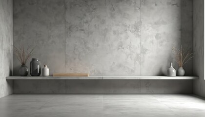 Leinwandbilder - Empty grey studio interior with concrete wall and floor for product display or text presentation. Shelf with vases and decorative plants. Modern minimalist loft style room with free space background.