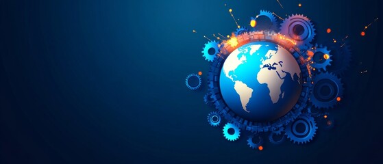 Poster - Digital artwork of globe surrounded by gears and sparks, symbolizing innovation and technology