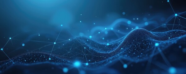 Aufkleber - Abstract blue network background hi-tech connections. Nodes connect via lines forming futuristic cyber landscape. Tech innovations visible in complex datum communication systems. Digital cyberspace