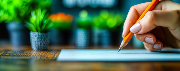 Poster - Businesswoman Writing Ideas on Notepad at Office Desk, Planning and Organization Concept with Focus on Hand and Pencil