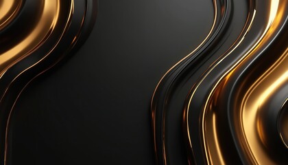Poster - Abstract 3D wallpaper featuring flowing golden and black waves. This luxurious three-dimensional background has modern dark design for stylish decoration. Empty blank template with shiny glow effect.