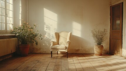 Poster - Sunlight streams into rustic room, illuminating armchair, plants