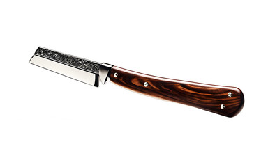 Poster - A high-quality straight razor with a wooden handle on a white empty plain background