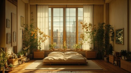 Wall Mural - Sunlit minimalist bedroom, city view, plants, calm