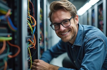 Aufkleber - Smiling IT technician works with hardware, connects colorful cables in server room. Engineer configures equipment in datacenter. Pro maintenance, cloud computing, big data solutions.