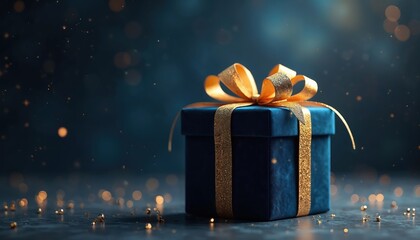 Poster - Luxurious blue gift box with golden ribbon on dark background. Sparkles, bokeh lights. Concept for surprise, anniversary, festive event, birthday. Elegant celebration present, bonus, loyalty reward.