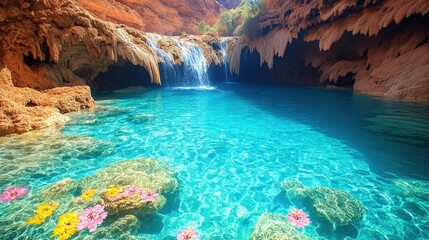 Wall Mural - Stunning turquoise waterfall pool, vibrant wildflowers, serene nature landscape, clear blue water, rocky cliffs beauty, tranquil oasis, perfect getaway scene