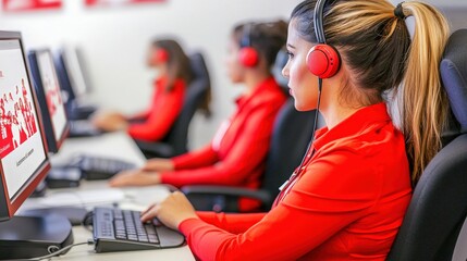 Poster - A group of individuals wearing headsets, focused on computers in a modern office environment, dressed in vibrant red attire.