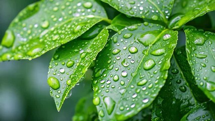 Aufkleber - Close-up of glistening green leaves with droplets of water captured in stunning 4k quality as sunlight filters through a lush green environment
