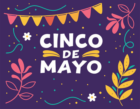 cinco de mayo celebration banner with colorful decorations on a purple background, featuring festive elements like bunting, leaves, and flowers
