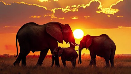Poster - Stunning 4k animation of elephants walking during sunset in the savanna