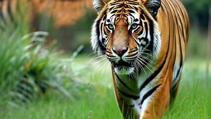Aufkleber - Captivating close-up of a majestic tiger roaming through a lush green landscape in stunning 4k animation capturing every detail of its powerful presence