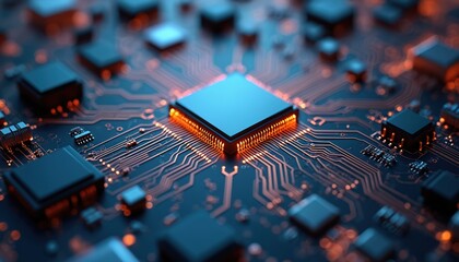 Leinwandbilder - Close-up on computing processor CPU microchip, electronic circuit board with orange illumination. Advanced tech conceptual background. AI-generated image of hardware components. Perfect for science,