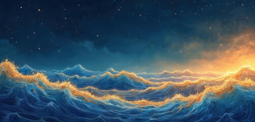 Aufkleber - Watercolor drawing of ocean waves at night with many stars. Golden light shines on sea surface. Blue water texture illustration, banner for mobile, web. Dark blue starry sky background.