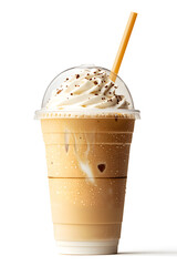 Sticker - Iced coffee with whipped cream in a plastic takeaway cup isolated on a white background