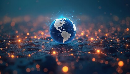 Fototapete - Abstract data background. Global network connects continents, illustrates worldwide tech, telecom. Three-dimensional globe emits glowing light. Futuristic design international business, banking,