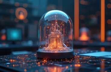 Leinwandbilder - Quantum processor under glass dome sits on circuit board with orange illumination. It presents future computing tech innovation in science. It represents AI development in lab.
