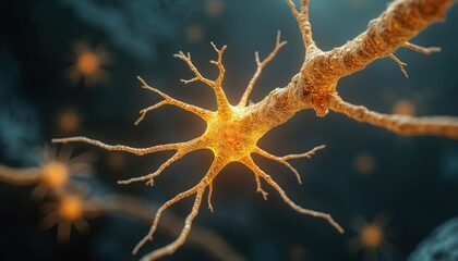 Poster - Neuron cell sends electrical signals in brain for neural activities. Close-up of nerve cells, network, anatomy, biological system, science, glowing neurology. Futuristic pathways for human mind,