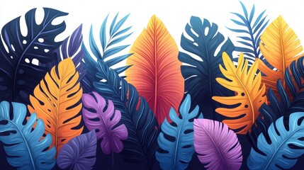 Wall Mural - A vibrant arrangement of tropical leaves in various colors and shapes.