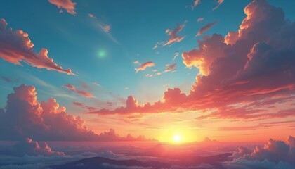 Aufkleber - Panorama of bright sunset sky. Colorful illustration features orange sun in the blue sky with pink clouds. Sunbeams illuminate cloudscape. Beautiful nature scene evokes warm, romantic mood.