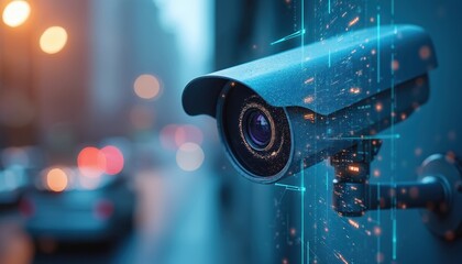Fototapete - CCTV security camera with motion detection, face recognition. Surveillance tech concept shows privacy protection, biometric data processing, AI analytics, law enforcement safety systems, monitoring.