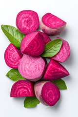 Wall Mural - Red beetroots and half slices, top view isolated on white background
