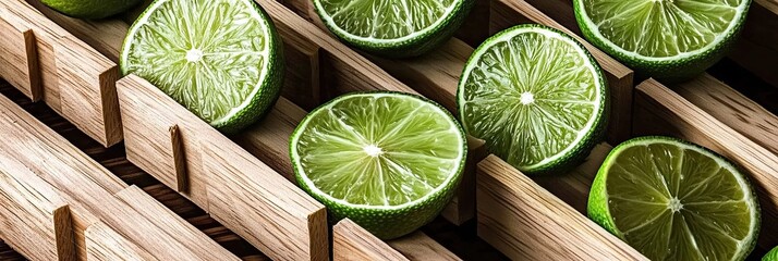 Poster - Fresh Lime Slices Beautifully Arranged on Wooden Tray Showcasing Vibrant Lime Cream Pantone