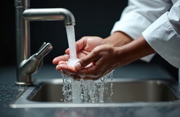 Hands washed under running water from metal faucet illustrating hygiene. Process shows health safety with cleanliness protocol. Image for sanitation, procedure, healthcare awareness campaigns for