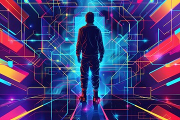 Wall Mural - silhouette of a person standing in a neon-lit geometric room