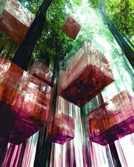 Poster - Floating Geometrical Shapes in a Lush Forest Create a Surreal Experience in Nature